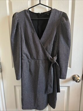 Dynamite Charcoal Wrap-Front Long Sleeve Tie Dress